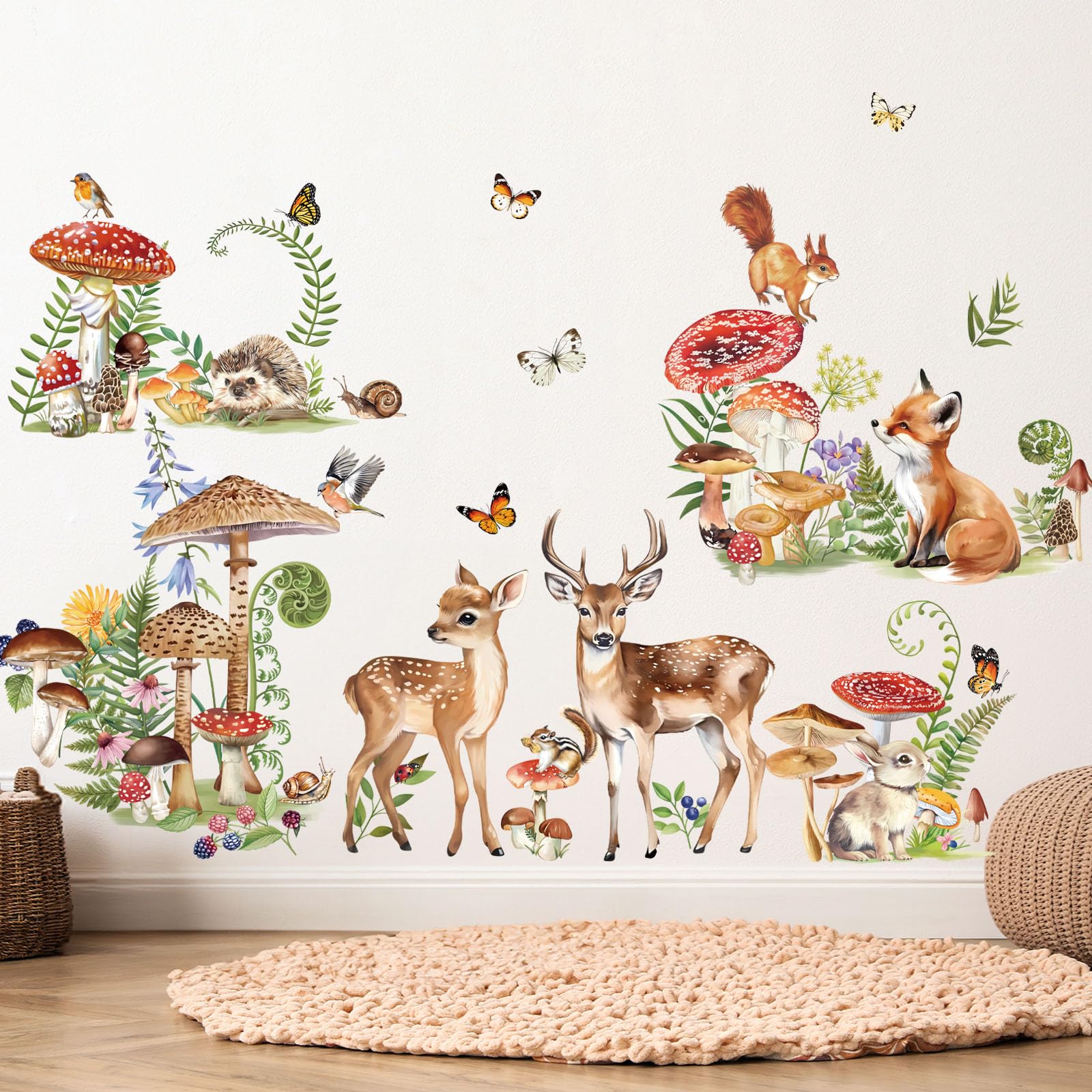 decalmile Woodland Animals Wall Decals Deer Fox Mushroom Wall Stickers Baby Nursery Kids Bedroom Living Room Wall Decor