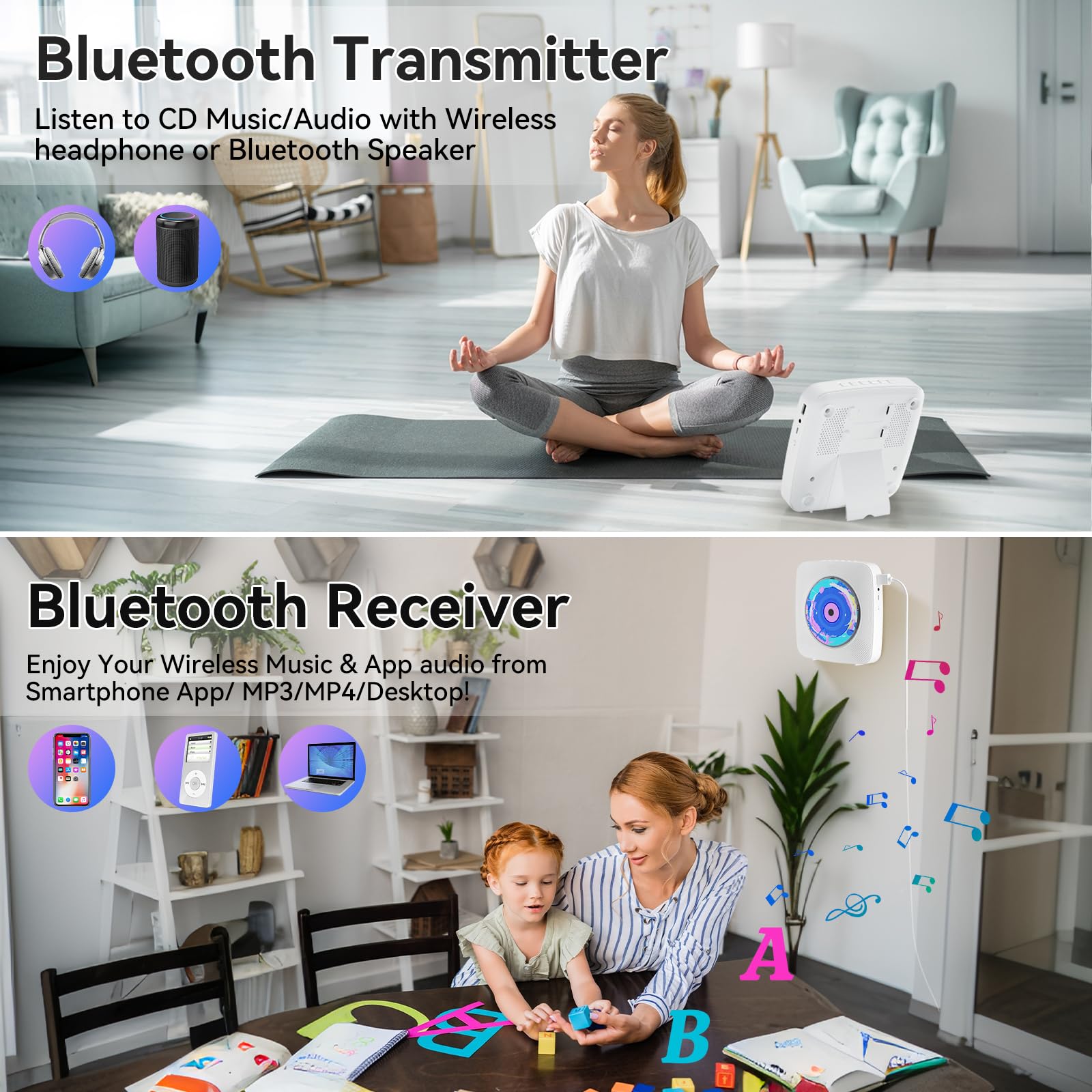 CD Player Portable Bluetooth Rechargeable: CD Players for Home with 1800mAh Kegaudio Desktop Wall CD Player with Speakers FM Radio USB Remote Control