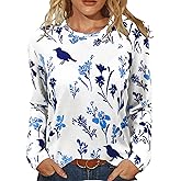 JomeDesign Womens Tops Long Sleeve Shirts Round Neck Loose Casual Blouses Floral Print Tshirts
