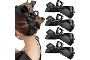 Sizobi 4PCS Black Bow Claw Clips, 4.3 Inch Large Satin Hair Barrettes with Soft Knot for Women's Thin, Thick, Curly Hair