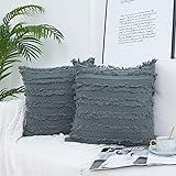 JUSPURBET Farmhouses Pillow Covers with Cotton Linen Tassels Striped,Soft Decorative Throw Cushion Case for Couch Bed Sofa,18x18 Inches,Gray