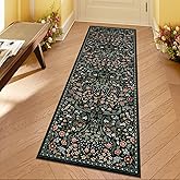 Moynesa Floral Kitchen Runner Rug, 2x6 Runners for Hallways 6ft Non Slip Washable Soft Rug Runners, Boho Botanical Ultra Thin Stain Resistant Carpet Runner for Bathroom Entryway, Black