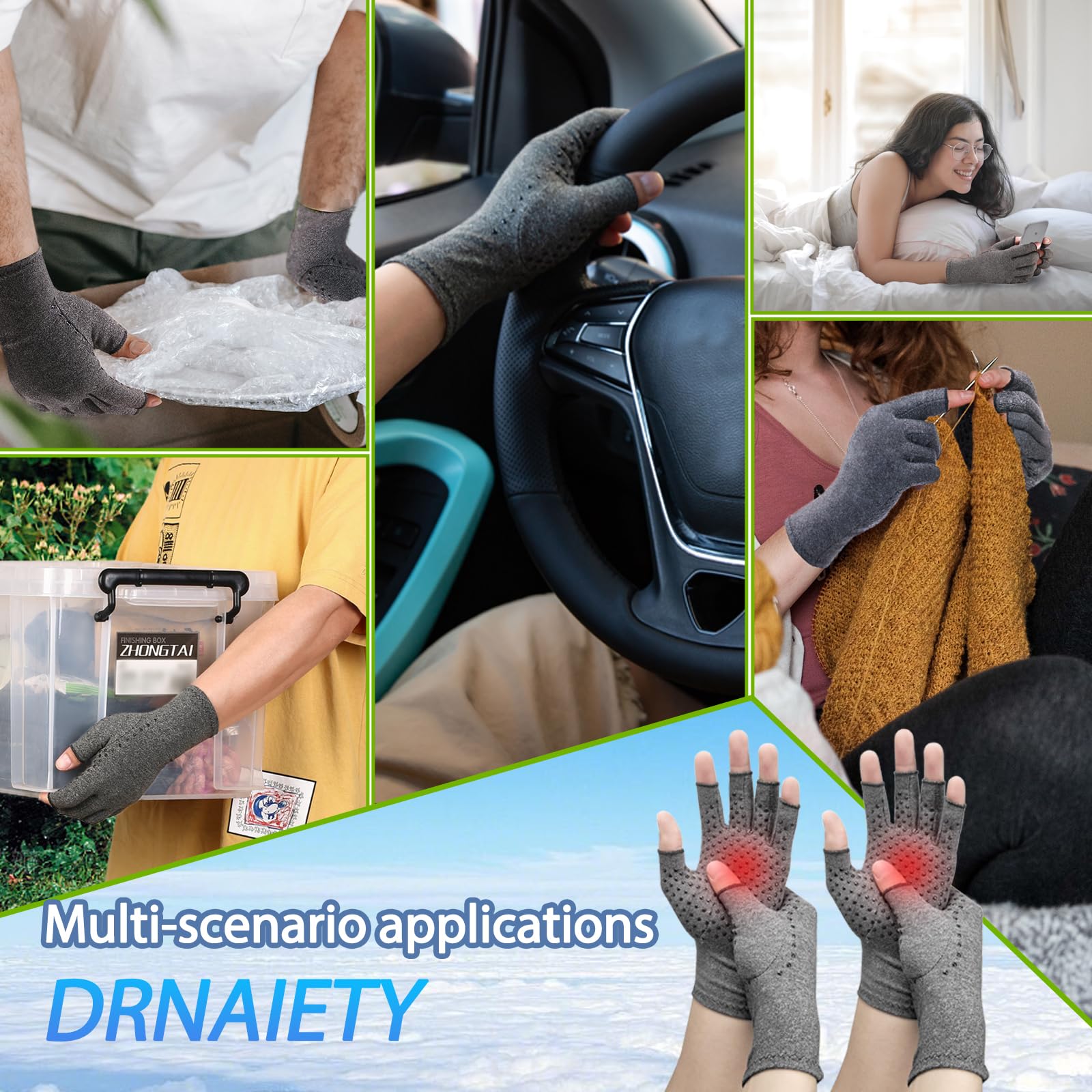 DRNAIETY 2 Pairs Arthritis Compression Gloves- for Hand Arthritis, Carpal Tunnel Pain, Rheumatoid Arthritis, RSI, Fingerless, Anti-Slip, Breathable Gloves for Men & Women, Typing, Daily Use(M, Gray)