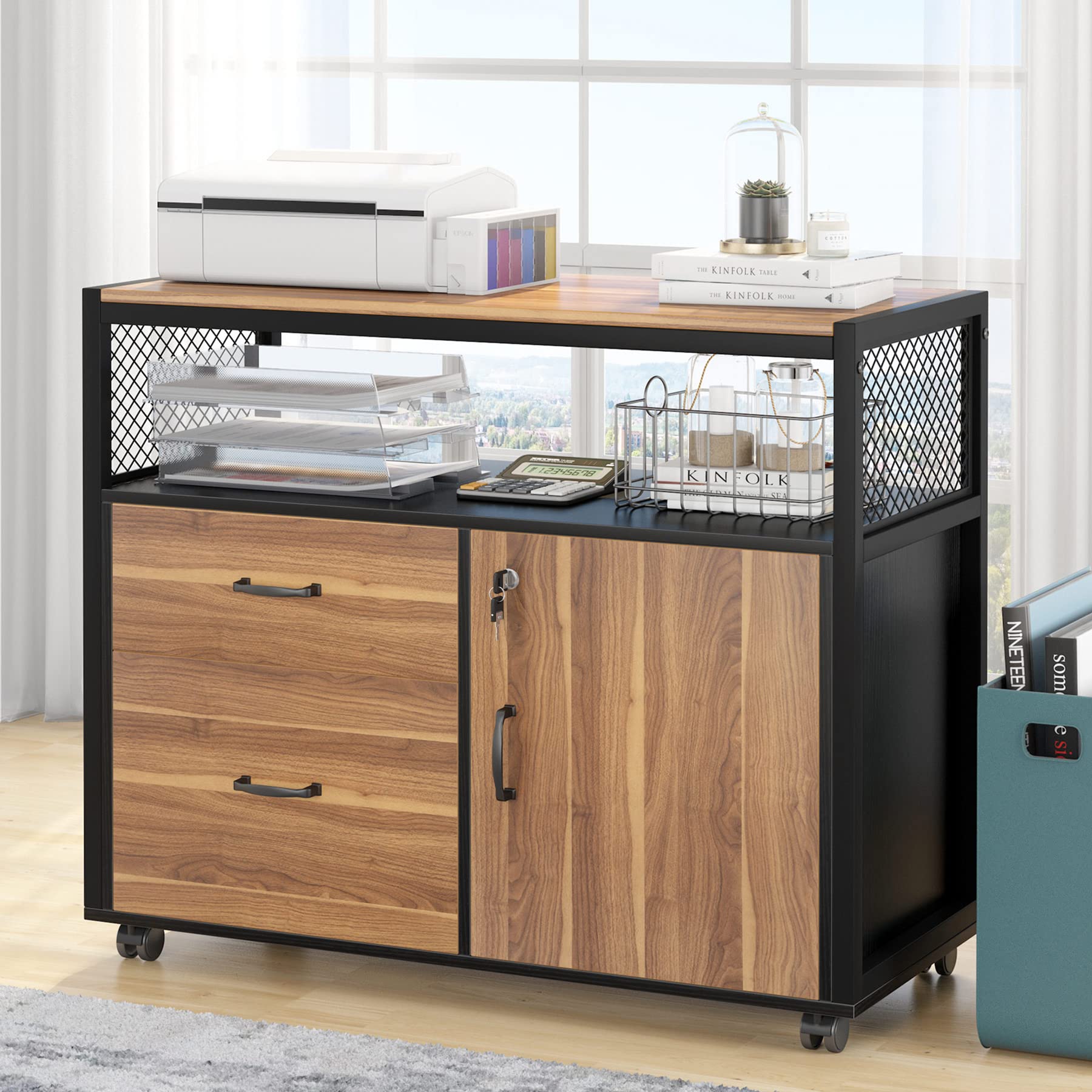 Photo 1 of **IMAGE REFERENCE***Tribesigns Modern File Cabinet with Drawers for Letter-Size, Lockable lateral Filing Cabinet Printer Stand with Door& Caster for Home Office.Desk Not Included