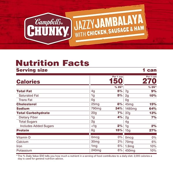 CAMPBELL’S CHUNKY SOUP, JAZZY JAMBALAYA WITH CHICKEN, SAUSAGE AND HAM SOUP, 16.1 OZ CAN