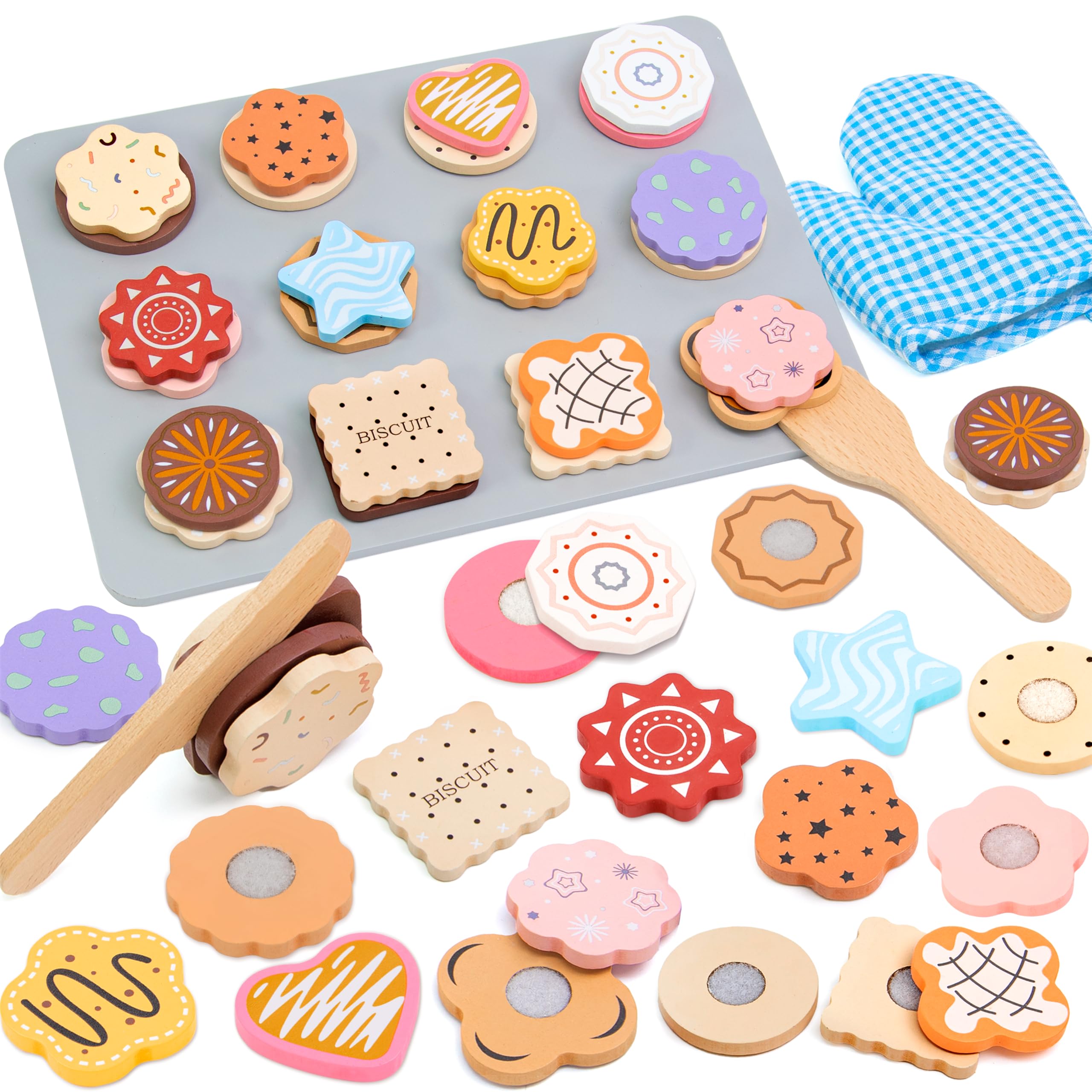Masonbaby Wooden Play Food, Wooden Cookie Baking Playset - 28PCS Pretend Play Food with Cutting & Slicing, Toy Food Set for Kids Kitchen, Toddler Toy Baking Set Birthday Gifts for Boys Girls