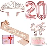20th Birthday Decorations for Women, Including 20th Birthday Sash and Tiara, Cake Topper and Candles, Number Balloons, 20 Year Old Gifts for Women