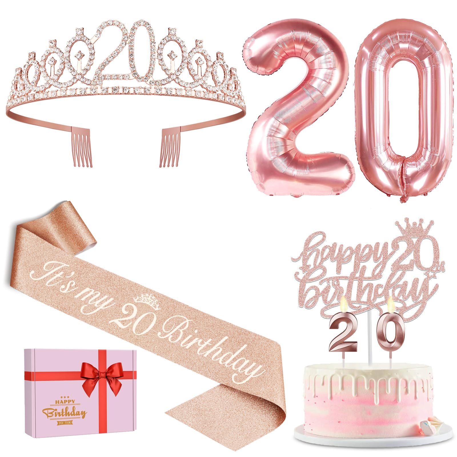 Photo 1 of 20th Birthday Decorations for Women, Including 20th Birthday Sash and Tiara, Cake Topper and Candles, Number Balloons, 20 Year Old Gifts for Women