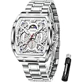 OLEVS Watch for Men Analog Quartz Luxury Diamond Waterproof Chronograph Stainless Steel Big Face Square Date Moon Phase Roman Numeral Dress Mens Watches