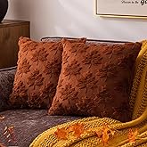 COSIBONO Decorative Farmhouse Fall Throw Pillow Covers 18x18 Set of 2, Caramel Maple Leaf Plush Embroidered Pillow Cases for Couch, Soft Fluffy Faux Fur Cushion Covers for Harvest Autumn Home Décor