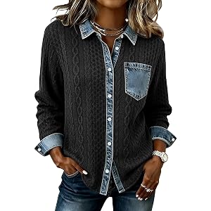 GUNEST Womens Shacket Denim Patchwork Button Down Loose Jackets Top Coats | Denim Collared Jacquard Pattern,Button Down Jacke