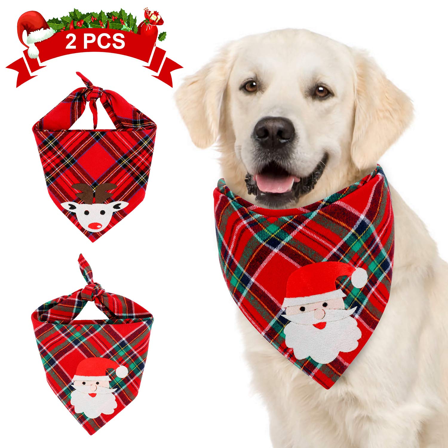 Qkurt 2 PCS Christmas Plaid Dog Bandana, Christmas Classic Plaid Santa Claus and Elk Pet Triangle Bibs Scarf Accessories for Large Dogs Cats Pets