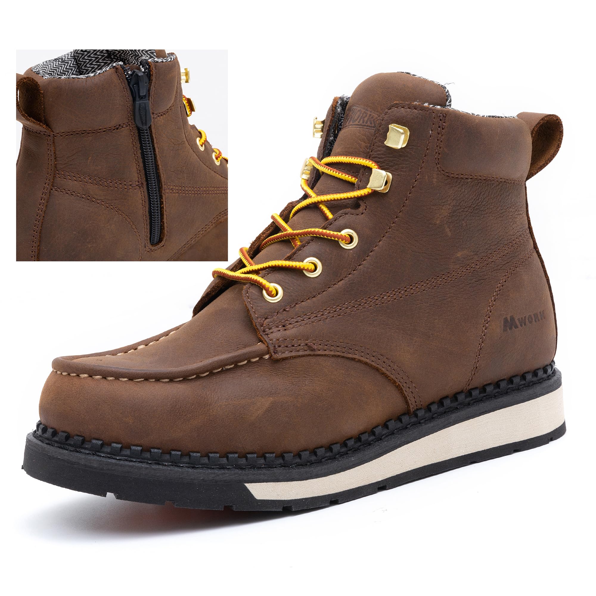 Photo 1 of (used) MWORK Men's 6 Inch Soft Moc Toe Work Boot, Premium Full-Grain Leather, Abrasion & Oil & Slip Toughest Wedge Sole Men's 10