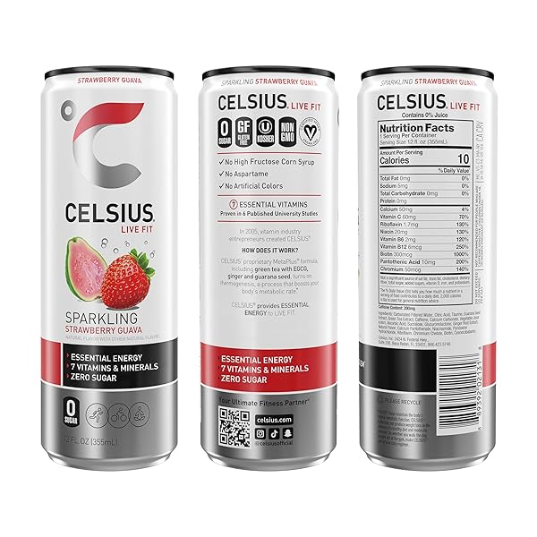 CELSIUS SPARKLING STRAWBERRY GUAVA, FUNCTIONAL ESSENTIAL ENERGY DRINK 12 FL OZ (PACK OF 12)