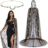 Toulite 2 Pcs Halloween Witch Cape Costume Women,Hooded Cloak | Enchantress Gothic Cloak, Celestial Sorceress Costume with Headpiece for Halloween Witch Wizard Vampire Cosplay, Props