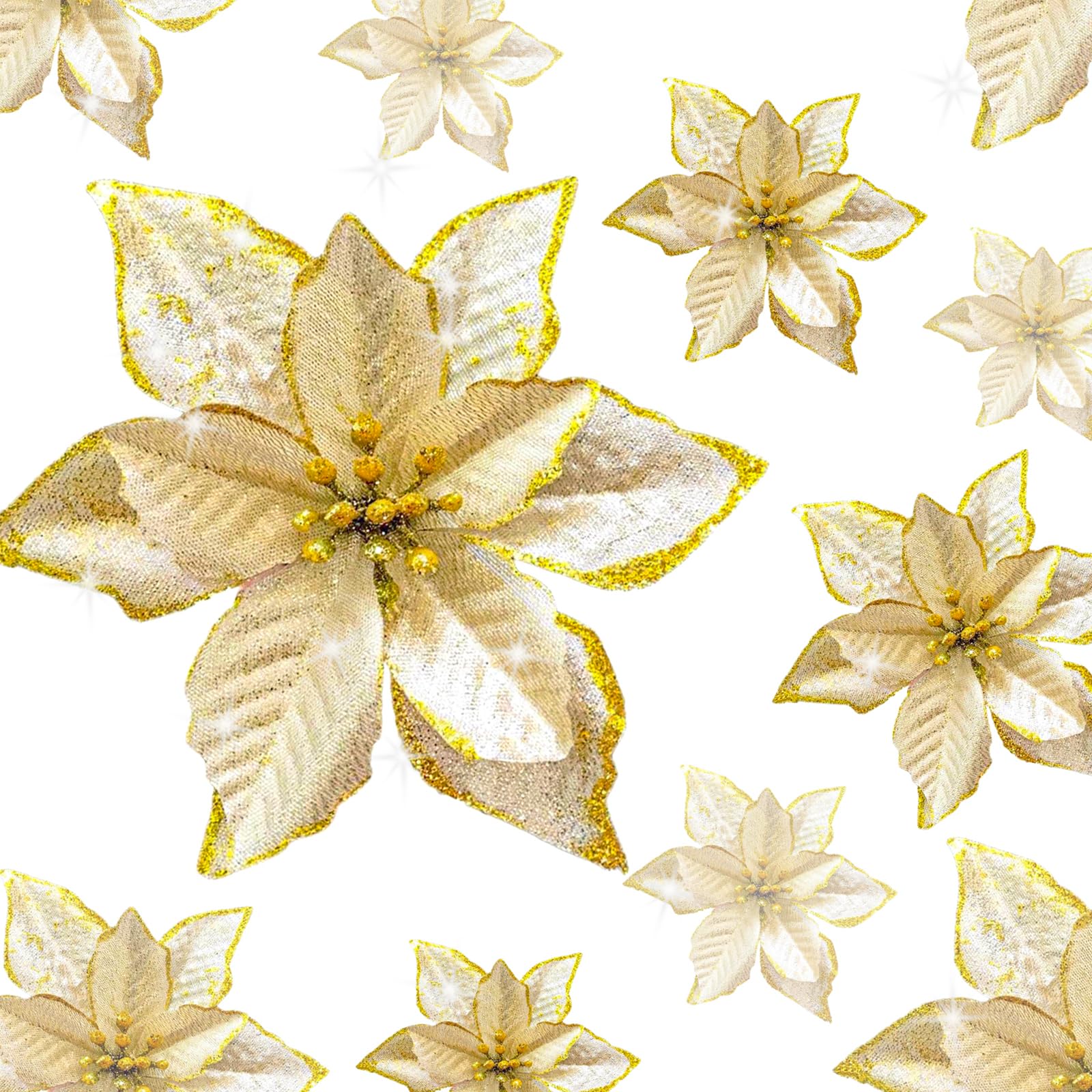 KEPATO Christmas Glitter Poinsettia Christmas Tree Ornaments Pack of 12 (Gold)