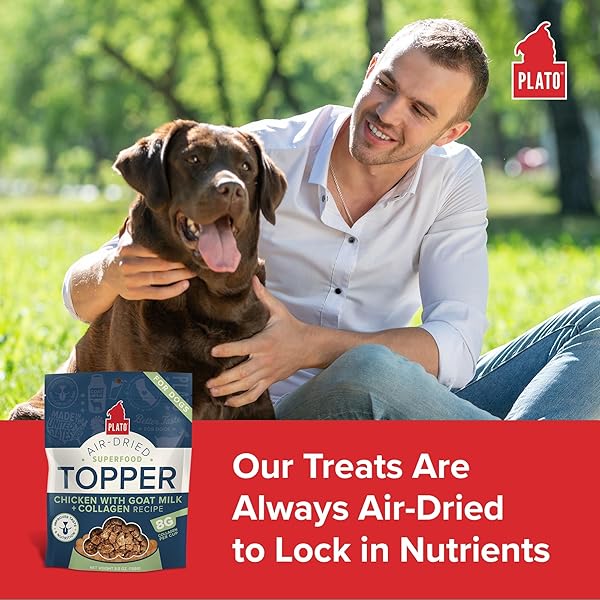 PLATO PET TREATS DOG FOOD TOPPERS – AIR-DRIED DOG FOOD TOPPERS FOR DRY FOOD – WITH COLLAGEN TO SUPPORT SKIN AND COAT HEALTH – GOAT MILK & COLLAGEN RECIPE 12OZ