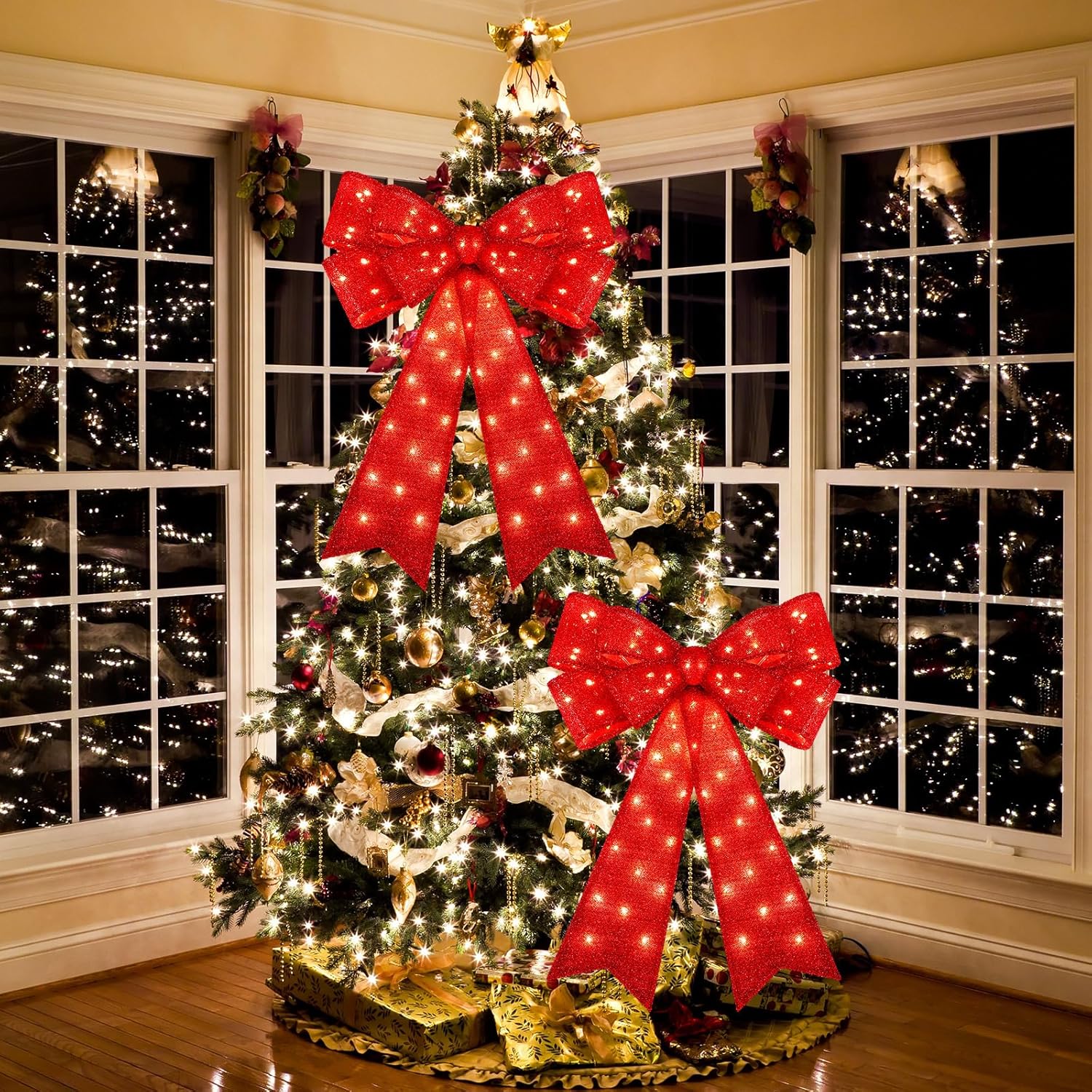Bows & Ribbons - Liliful 2 Pcs 18 x 32 Inch LED Christmas Wreath Bows Extra Large Red Glitter Bows 72 LED Lights Wreath Huge Bow Door Wall Xmas Tree Topper Decor for Indoor Outdoor Winter Xmas Party