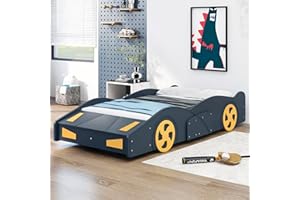 SOFTSEA Twin Car Shaped Bed Frame Modern Car-Shaped Platform Bed with Storage Headboard and Wheels, Solid Wood Twin Platform Bed with Storage for Kids Boys, No Box Spring Needed, Blue+Yellow