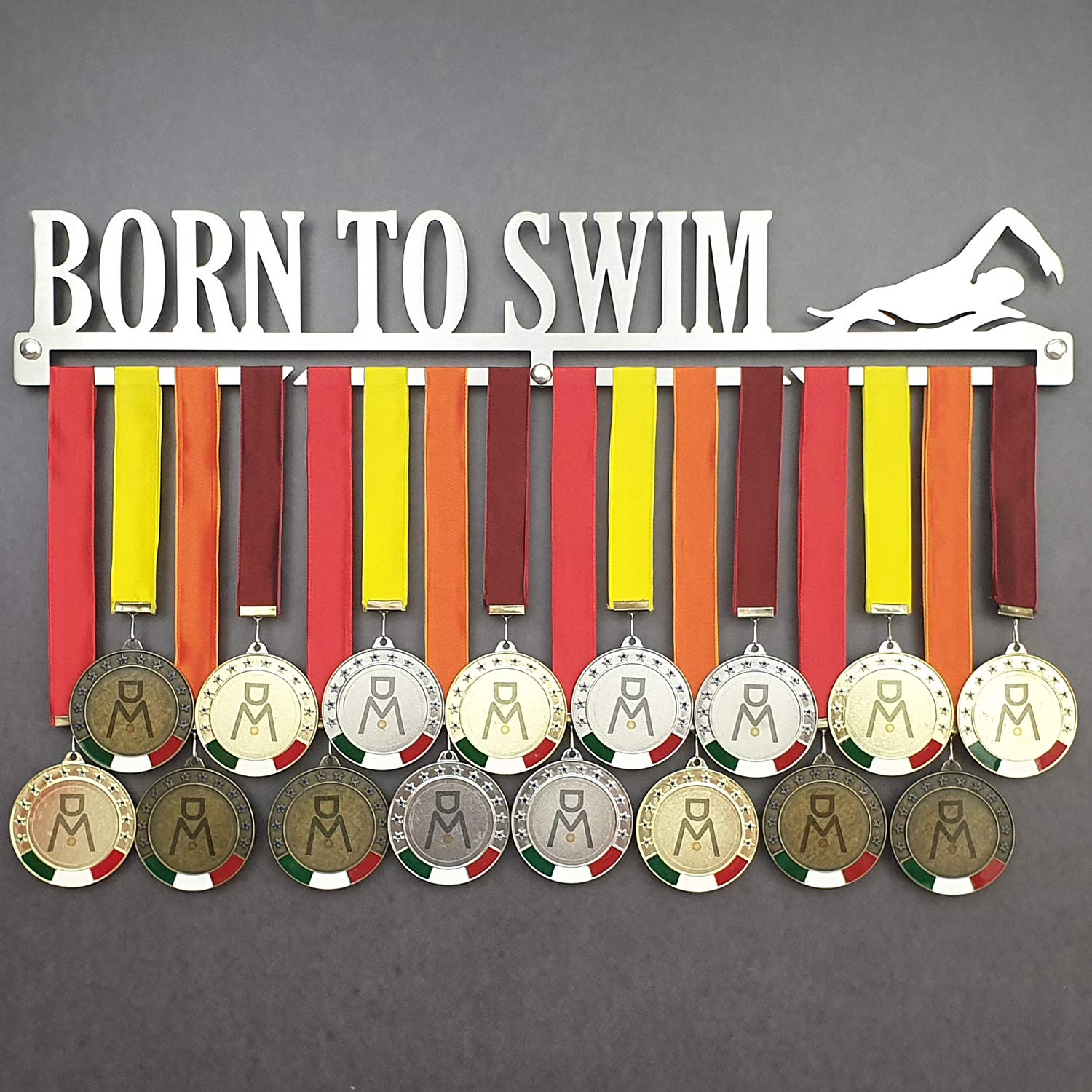 BORN TO SWIM - Medal Hangers for Swimming, Swim, Female Swimmer - Medal Show Wall Mounted - Medal Display Rack - Trophy Holder (F 450 mm x 80 mm x 3 mm)