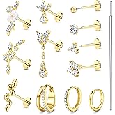 Florideco 20G 18G Threadless Flat Back Earrings Hypoallergenic Push in Stud Earrings 14K Gold Plated 316L Surgical Steel Stud Hoop Earring Sets Cartilage Helix Conch Tragus Nose Piercing Jewelry 12pcs