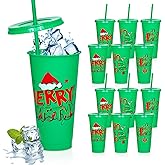 Cinrobiye 12 PCS Christmas Party Favors Xmas Plastic Cups with Lid Straw 24 oz Reusable Plastic Drink Cups Bulk Water Bottle Coffee Mug for Winter Holiday Party Supplies Classroom Gifts (12, Green)