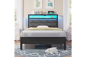 Seventable Bed Frame Twin Size with Charging Station, LED Bed with Upholstered Storage Headboard, Metal Platform Bed with Under Bed Storage, No Box Spring Needed, Noise Free, Easy Assembly, Grey