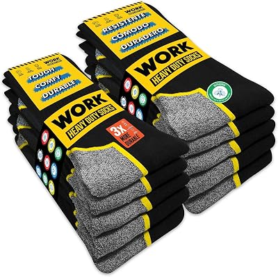 10 Paires Chaussettes de travail noires homme, mi-mollet | Technologie DRI-WIK d’évacuation de l’humidité | Talon et pointe renforcés | WORK socks lot de 10 paires, 43-46