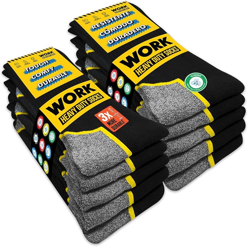 10 Paires Chaussettes de travail noires homme, mi-mollet | Technologie DRI-WIK d’évacuation de l’humidité | Talon et pointe renforcés | WORK socks lot de 10 paires, 43-46