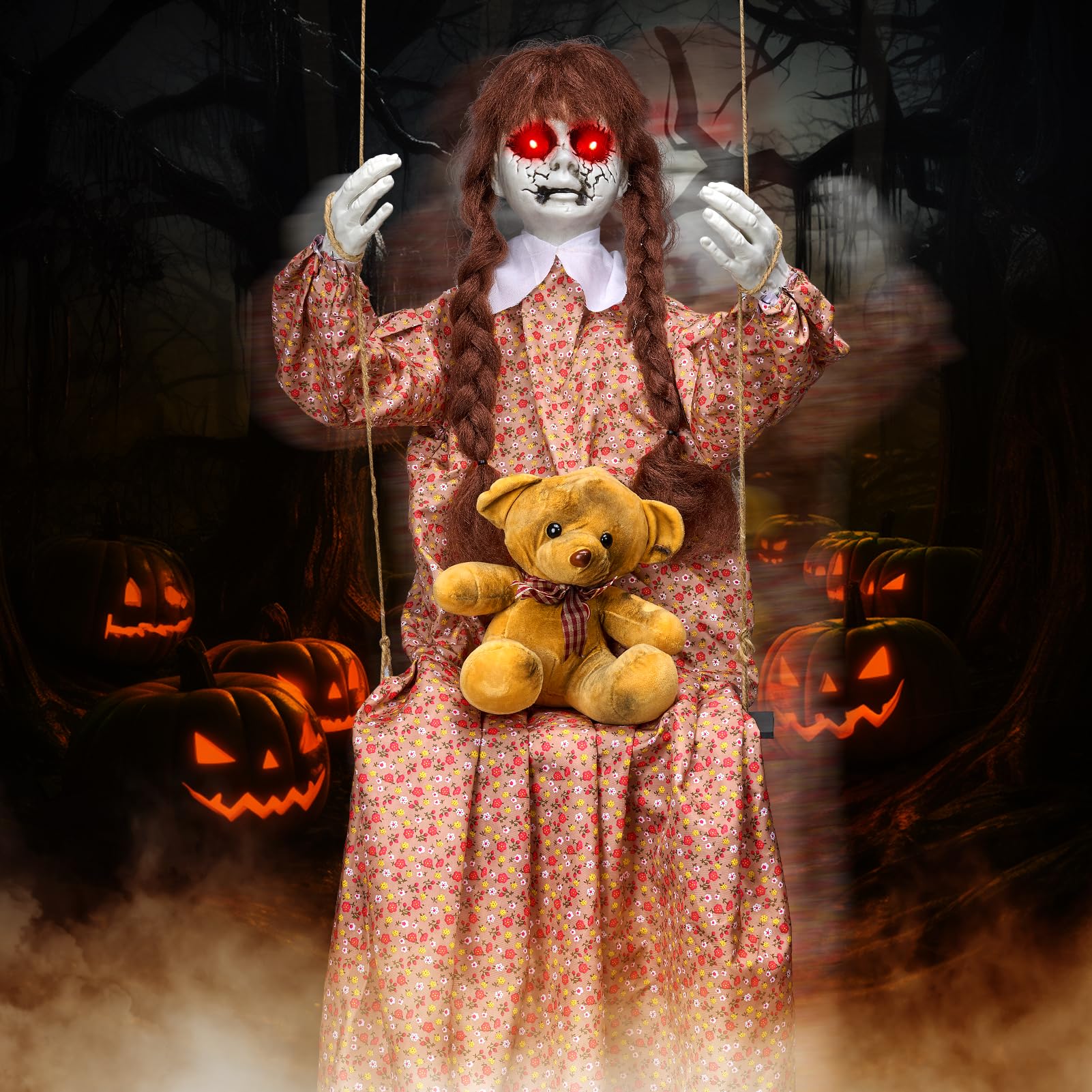 Photo 1 of 4.8FT Halloween Scary Decorations Outdoor,Hanging Swinging Doll Girl with Sound & Slap Activated/Creepy Sound/Light Up Eyes,Creepy Halloween Hanging Ghosts for Indoor, Outdoor,Haunted House Decor