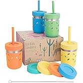 Elk and Friends 10oz Stainless Steel Kids + Toddler Drinking Cups | The Original Mason Jar with Sleeves + Lids | Silicone Straws | Smoothies | Storage Jar | Spill Resistant | Dishwasher Safe | 4 Pack