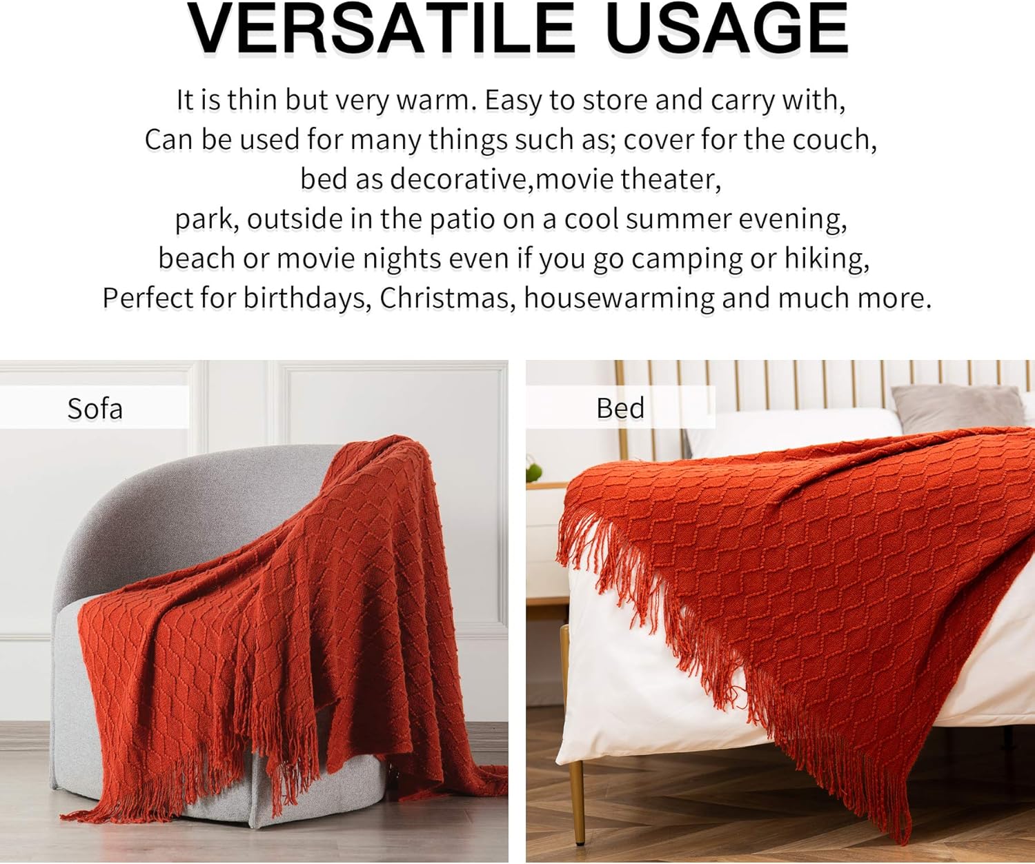 SPAOMY Throw Blanket, Knit Blanket with Tassels, Textured Cozy Lightweight Decorative Throw Blanket for Couch, Bed, Sofa, Travel- All Seasons (50x60 Inch, Rust): Kitchen & Dining