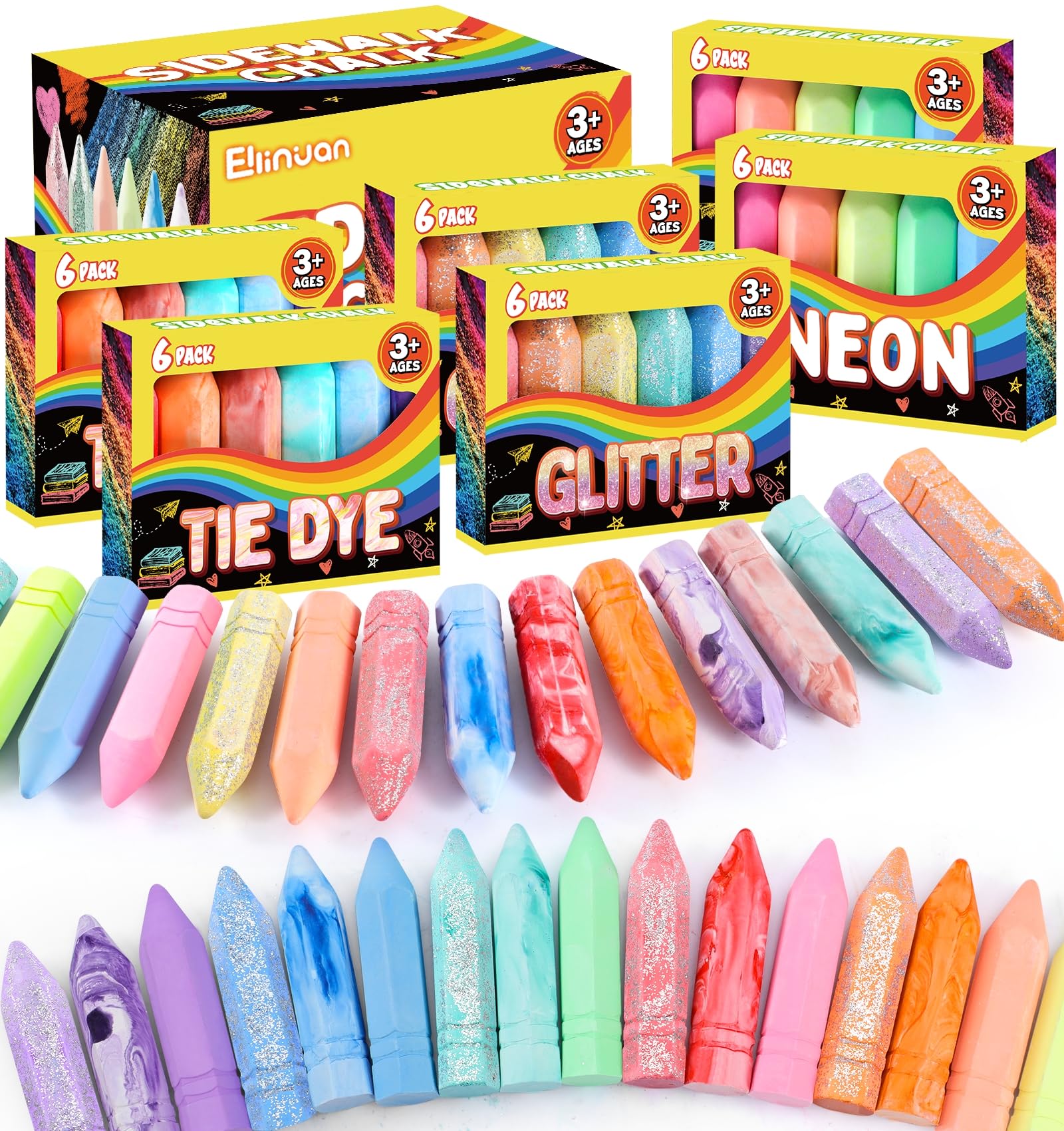 Ellinjan 36 Pcs Washable Sidewalk Chalks for Kids, Jumbo Washable Sidewalk Chalk in 18 Colors, Bulk Colored Chalk for Outdoor Art Play, Painting, Chalkboard & Playground, Gifts for Toddlers Boys Girls