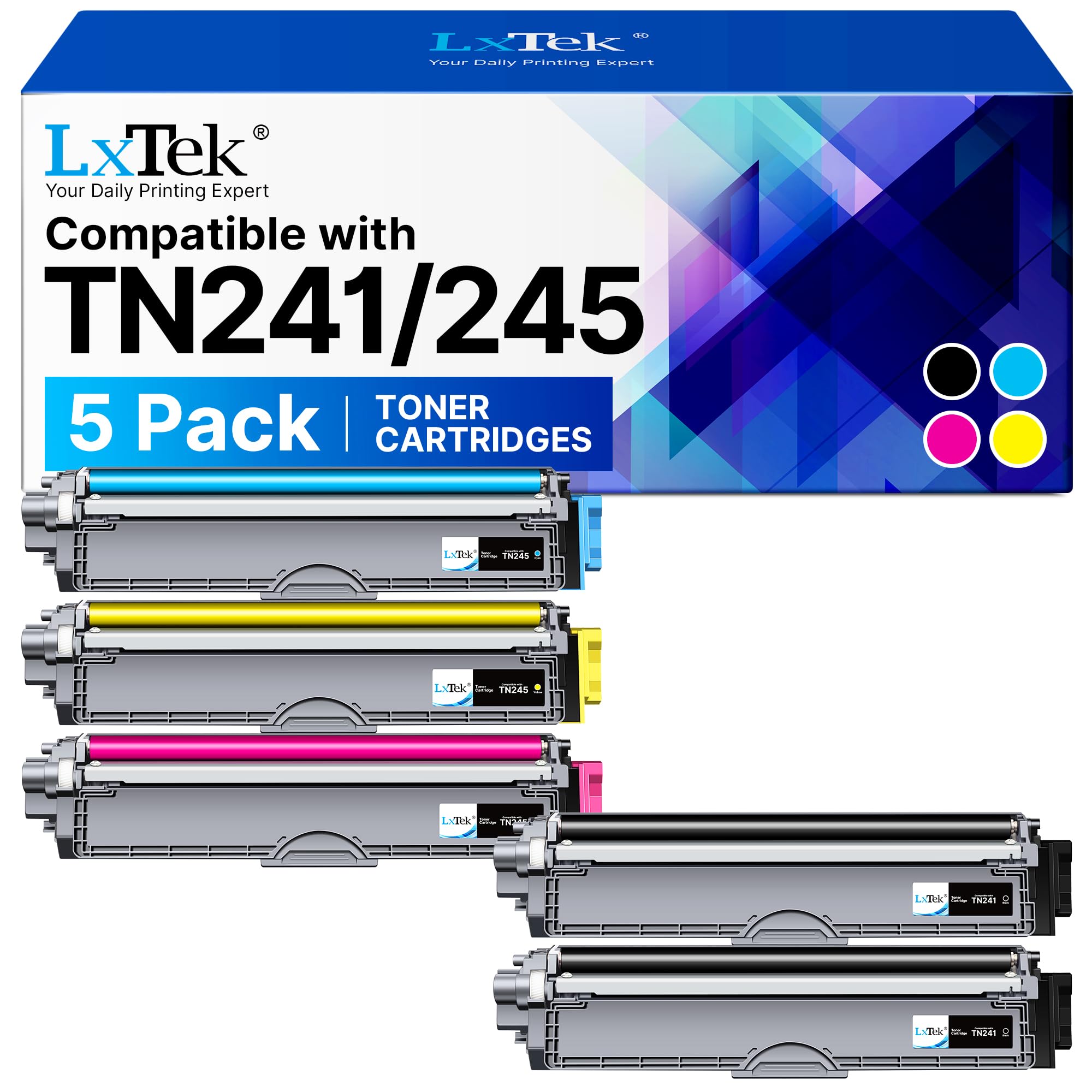 LxTek TN241 TN245 Toner Cartridge Compatible with Brother TN241 TN245 for Brother 9015CDW 9020CDW 9022CDW 3140CW 3142CW 3150CDN 3150CDW 3170CDW 9130CDN 9140CDN 9330CDW Black Cyan Magenta Yellow 5-Pack