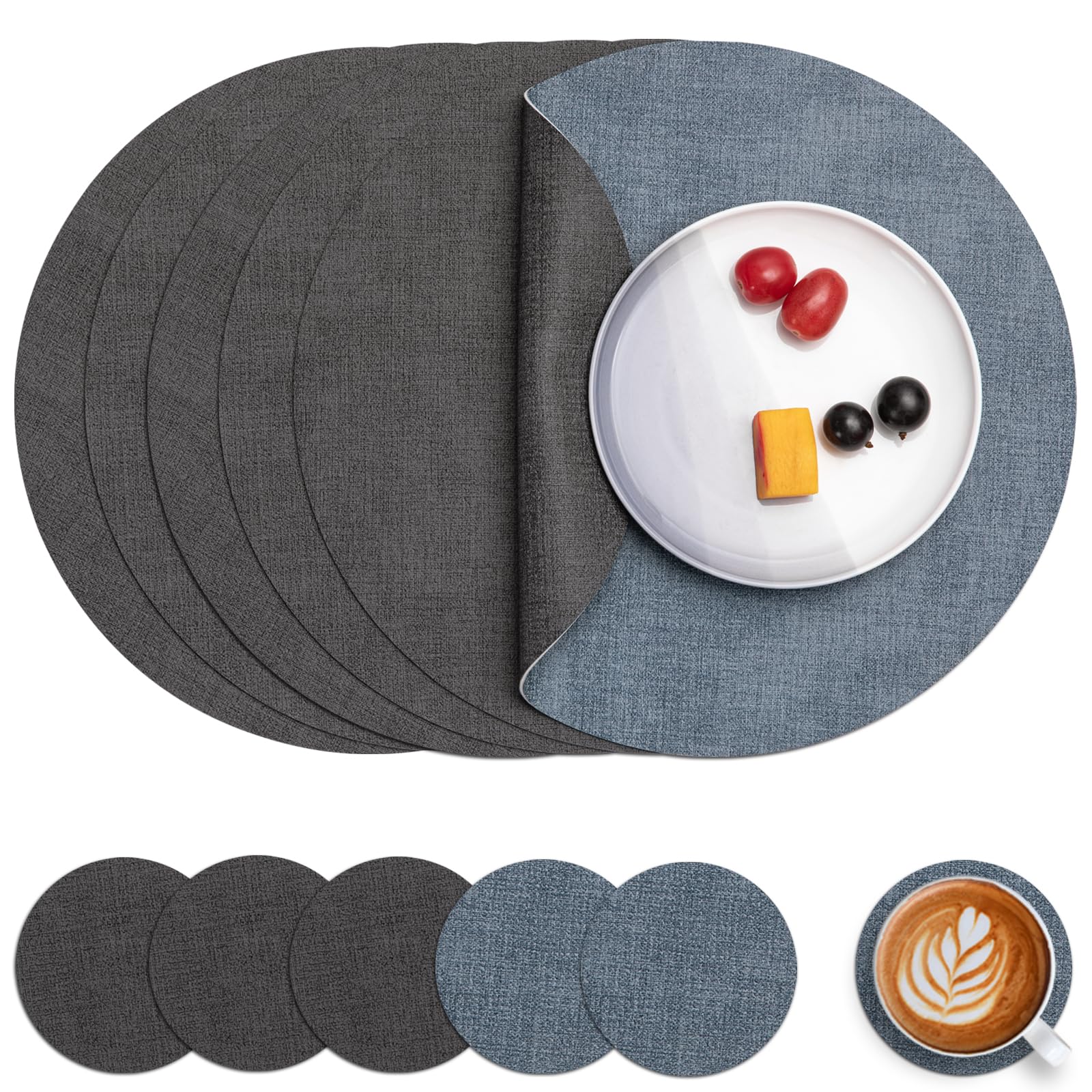 Myir JUN Leather Placemats and Coaster Set of 4, Table Mats Round Waterproof Dual Sided Kitchen Place Mats Coffee Mats Heat Resistant Placemat Non-Slip Washable (set of 6, Grey Light Blue)