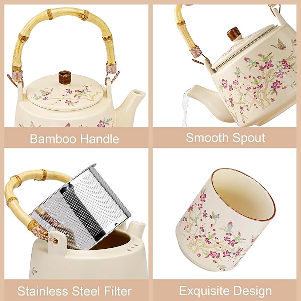 FANQUARE JAPANESE CERAMIC TEA SET, 17OZ BAMBOO HANDLE TEAPOT WITH STAINLESS STEEL INFUSER AND 4 CUPS, FLORAL PATTERN TEA SERVICE FOR LOOSE LEAF TEA, GIFT FOR TEA LOVERS