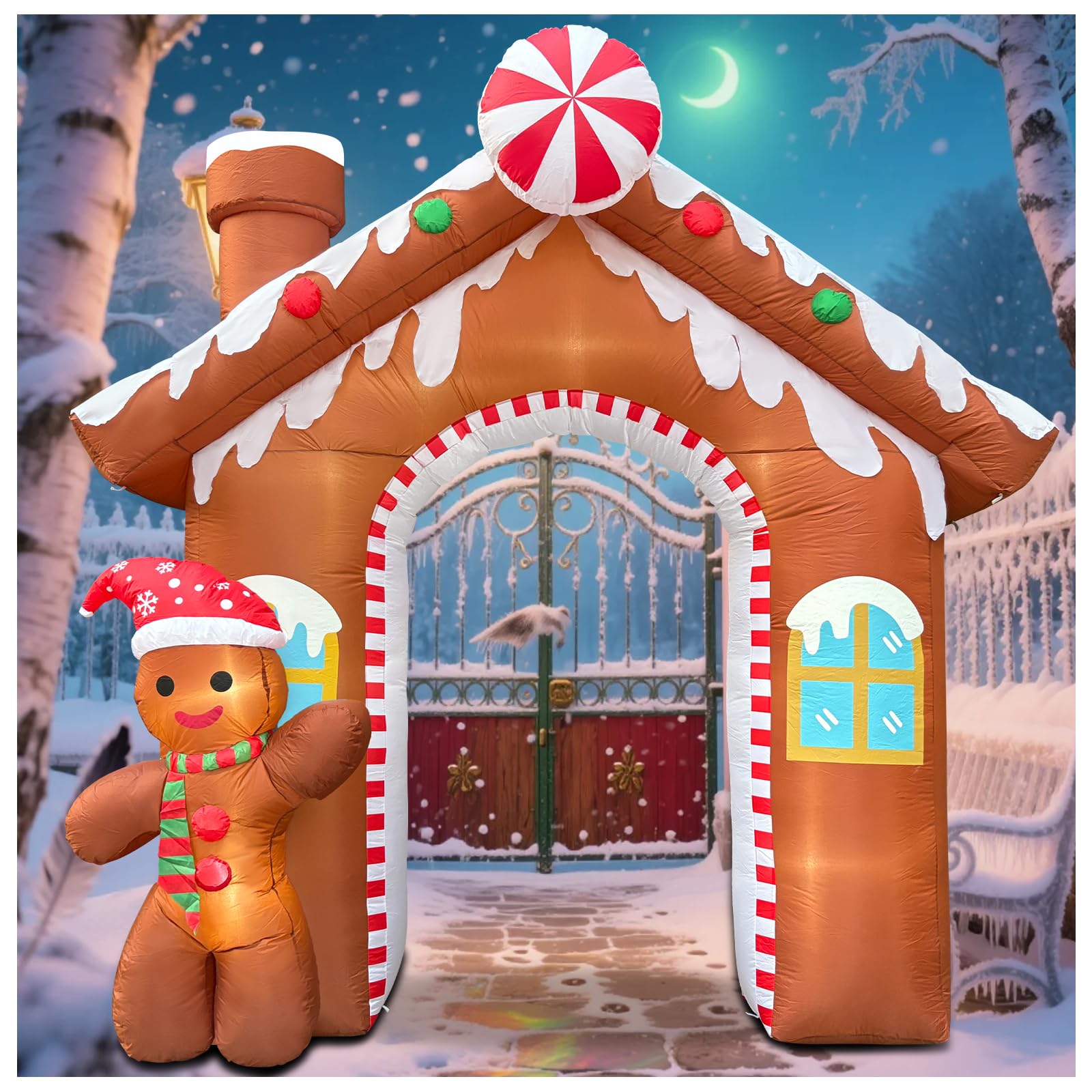 Photo 1 of 10FT Christmas Inflatables Gingerbread House Archway, Blow up Christmas Inflatables Archway with Gingerbread Man Outdoor Decorations with Build-in LED Lights for Garden Lawn Porch Holiday Party Decor