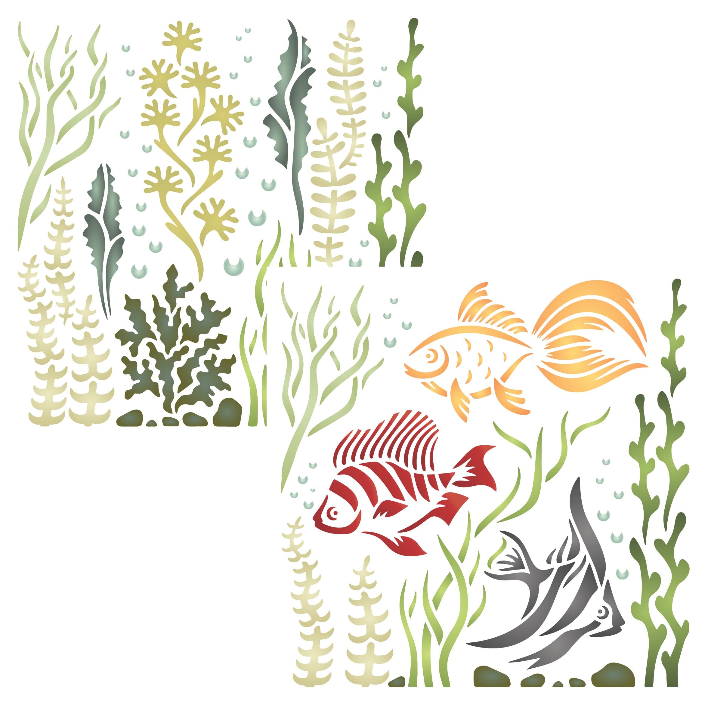 Stencil 2X Ocean, 2pc / 11.5 x 11.5 cm (S) - Use Layering Sea Reef Fish Seaweed to add Texture and Design to Mixed Media Backgrounds for Painting Template
