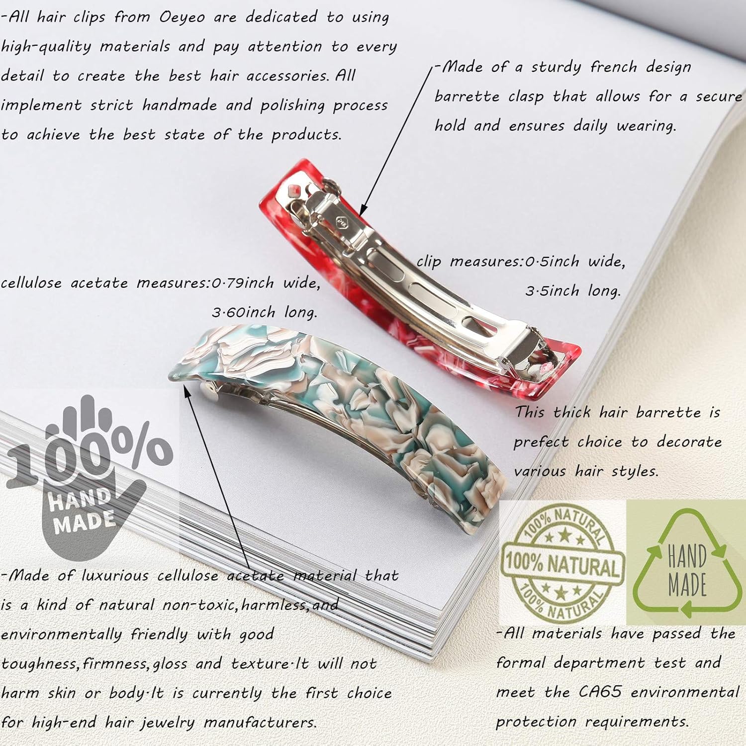 Cellulose Acetate French Style Curved Rectangle Volume Hair Clips Barrettes Automatic Clasp For Thick Hair, 2 Pack : Beauty
