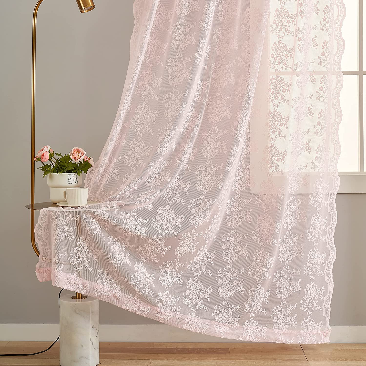 Photo 1 of Pink Sheer Curtains 2 Panels Set 96 Inch Long - Vintage Floral Patterned Elegant Chic Lace Curtain Panels for Girls Baby Window Living Room Bedroom Preppy Room Decor Light Filtering 52"W x 96"L