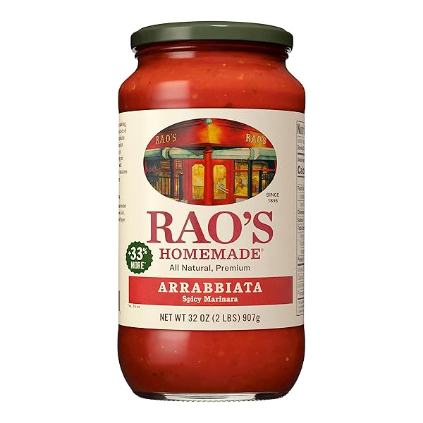 RAO’S HOMEMADE ARRABBIATA SAUCE, 32 OZ, TOMATO SAUCE, ALL PURPOSE, KETO FRIENDLY PASTA SAUCE, PREMIUM QUALITY TOMATOES FROM ITALY & CRUSHED RED PEPPER