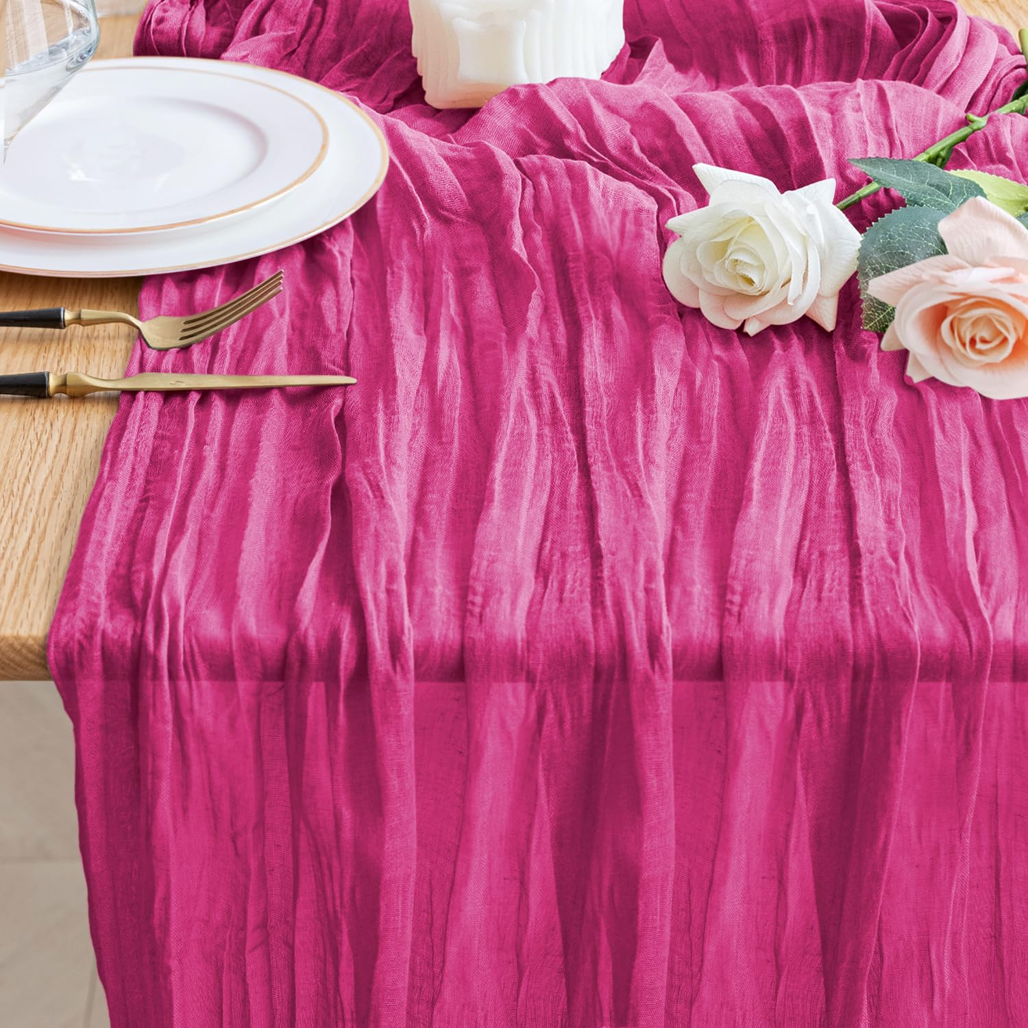 Photo 1 of Wokceer Cheesecloth Table Runner Fuchsia 10FT Boho Gauze Cheese Cloth Table Runner for Party Long Rustic Sheer Table Runners for Baby Bridal Shower Wedding Easter Table Decor