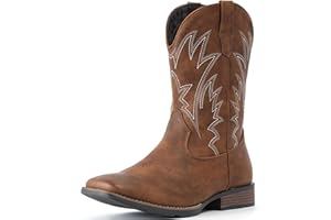IUV Cowboy Boots For Men Square Toe Western Boots Durable Classic Embroidered Pull On Boot Slip Resistant Country Boot
