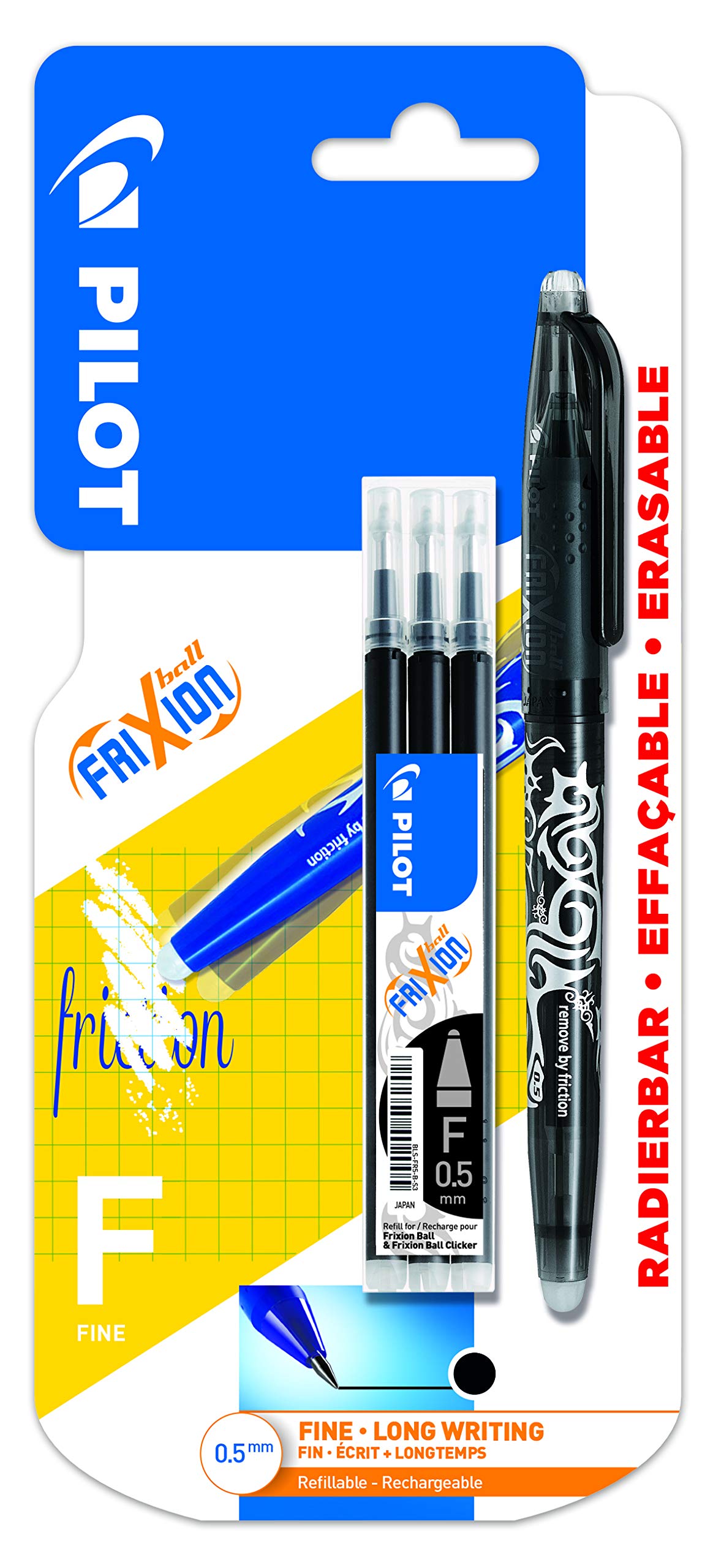 PILOT Frixion Erasable Rollerball Pen Fine 0.5mm Tip- Black, Pen and 3 Refills