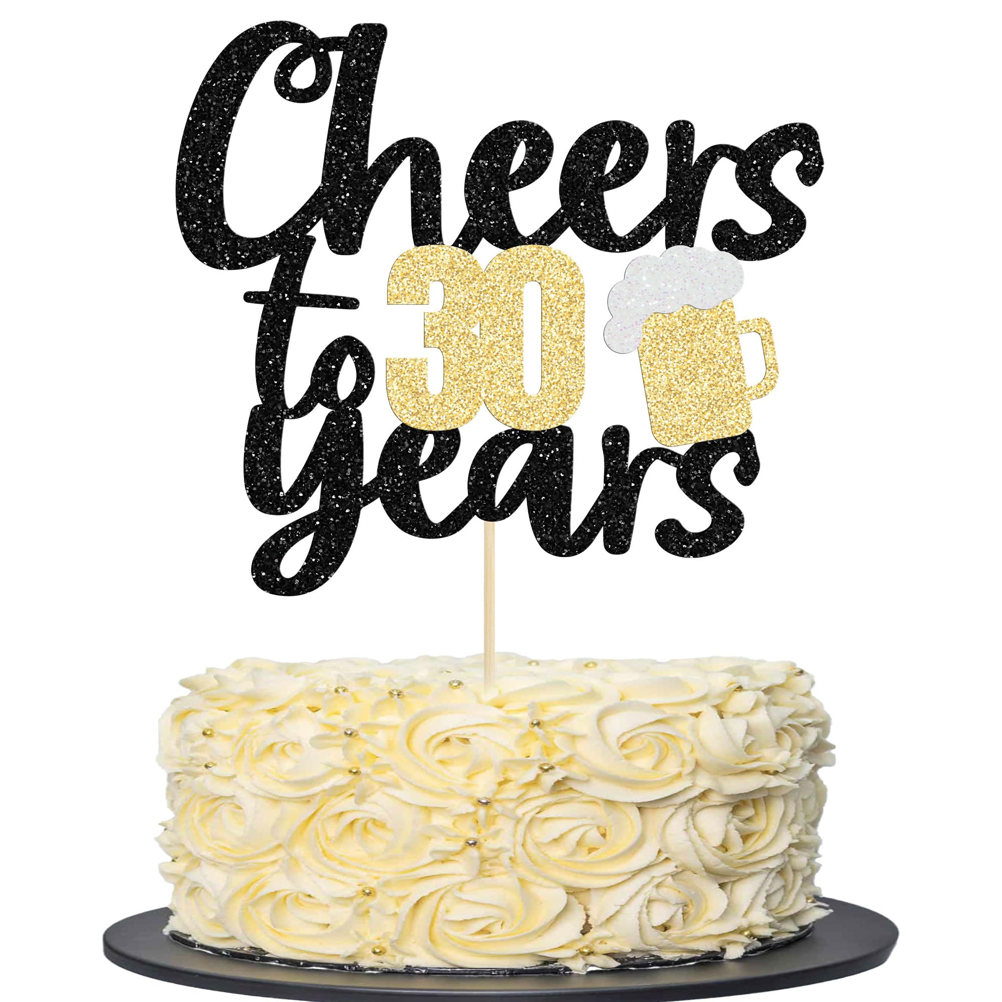 Gyufise 1Pc Cheers to 30 Years Cake Topper 30 Birthday Cake Pick for 30th Wedding Anniversary Birthday Party Supplies Beer Party Decorations