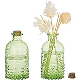 MyGift Vintage Embossed Green Glass Small Reed Diffuser Bottle with Cork Lid, Decorative Flower Bud Vase, Set of 2