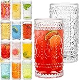 Claplante Vintage Drinking Glasses Set - 12 Pcs Romantic Highball Tumblers, 15oz Cups for Water, Mojito, Cocktail, Whiskey, Juice - Tall Glassware