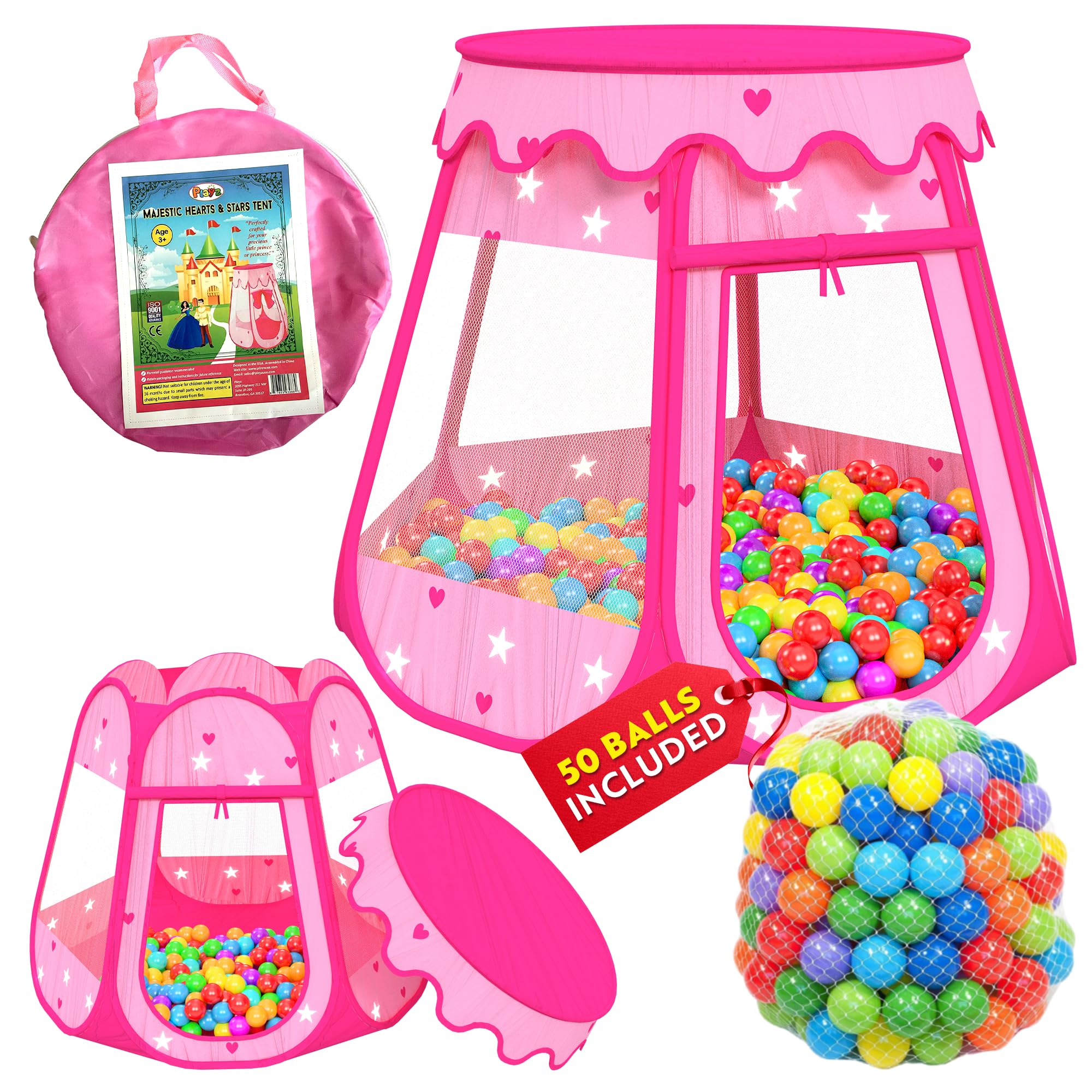 Photo 1 of Playz Ball Pit Princess Castle Play Tent for Girls w/ 50 Balls Included - Pop Up Children Play Tent for Indoor & Outdoor Use - Playland Playhouse Tent w/ & Glow in The Dark Stars & Zipper Storage Case