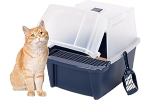 IRIS USA Large Split-Hood Cat Litter Box with Scoop and Grate, Blue