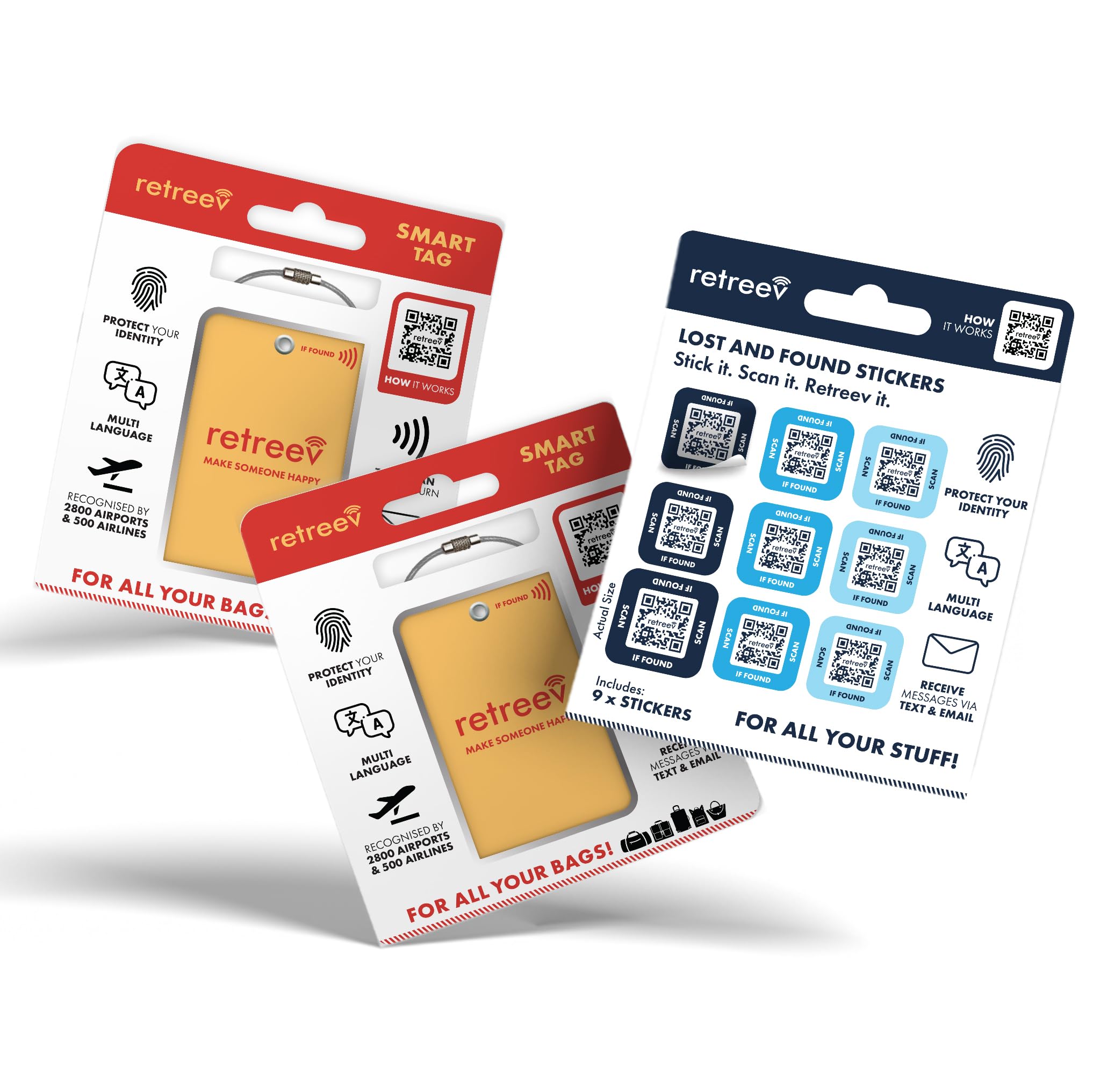 retreev™ 2 x Smart Tags and 9 xSmart Stickers: Secure Retrieval, Identity Protection | Easy Setup | Supported by Airlines & Airports Worldwide - Combo Pack - Orange